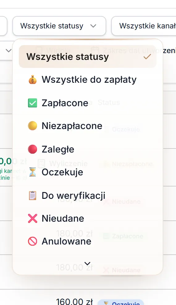 Lista opcji filtra Status