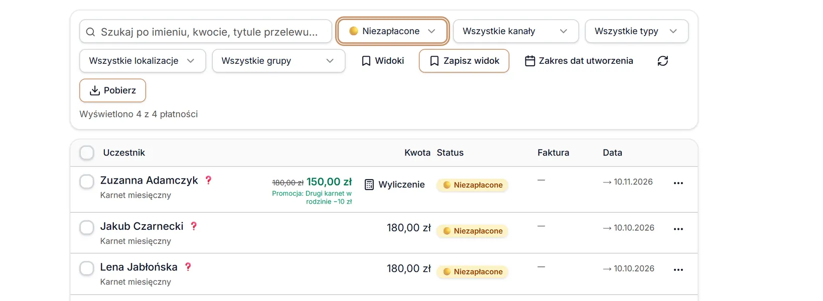 Status: Niezapłacone
