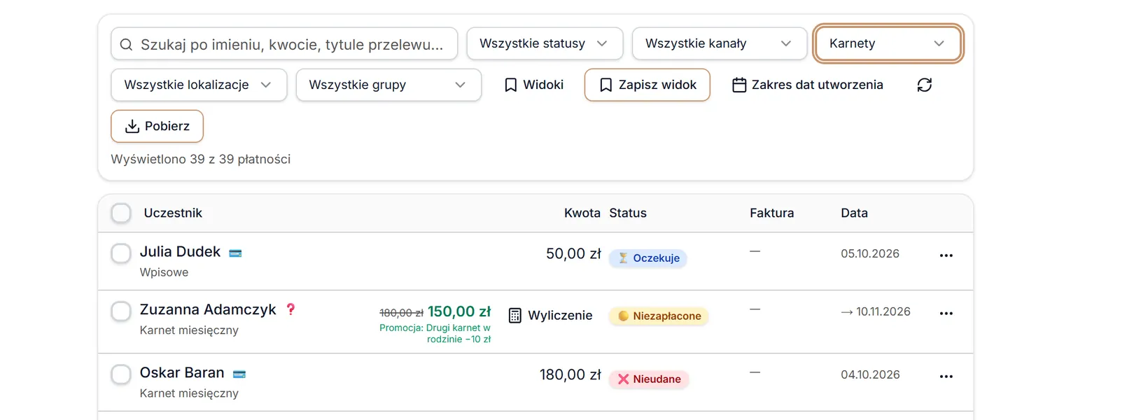 Typ: Karnety