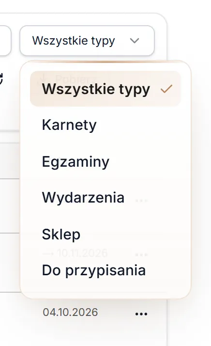 Lista opcji filtra Typ