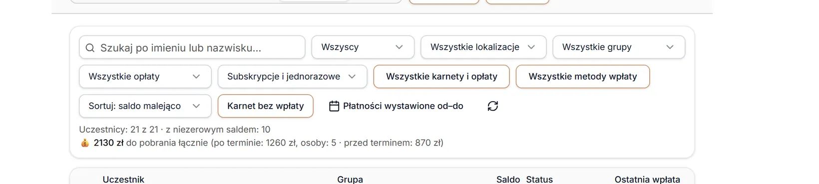 Filtry i podsumowanie nad listą