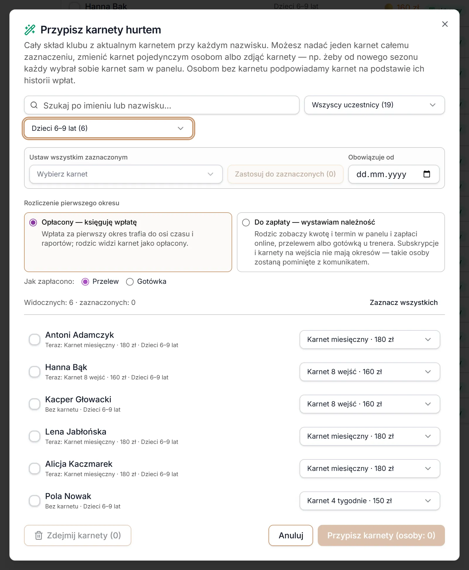 Przypisz karnety hurtem — grupa Dzieci 6–9 lat