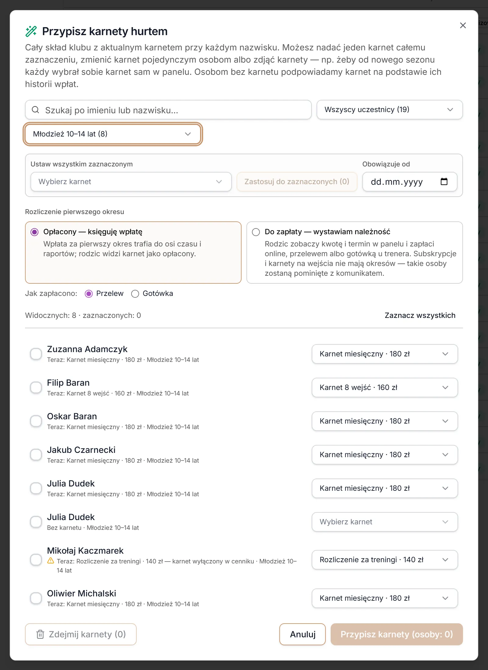 Przypisz karnety hurtem — grupa Młodzież 10–14 lat