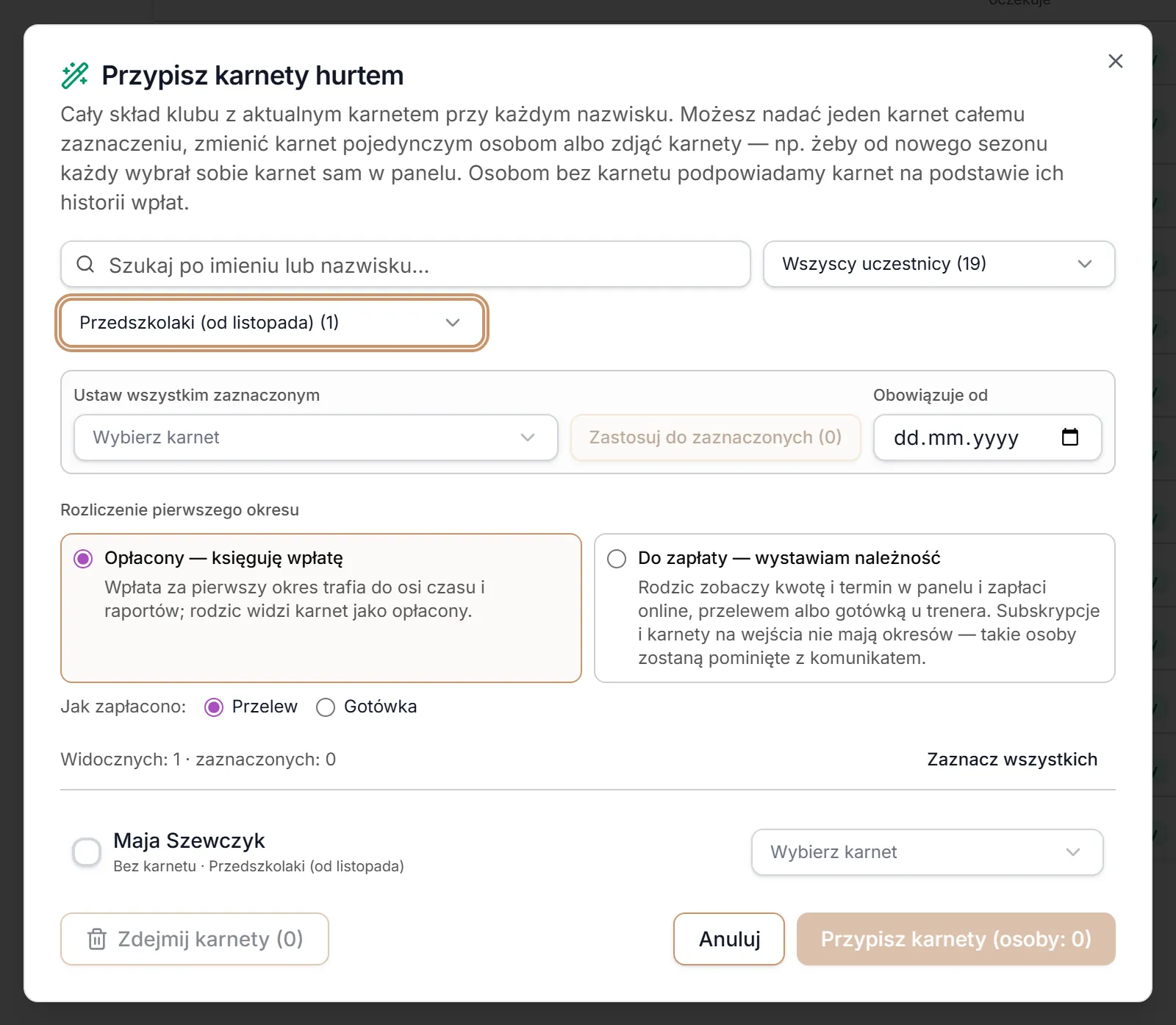 Przypisz karnety hurtem — grupa Przedszkolaki