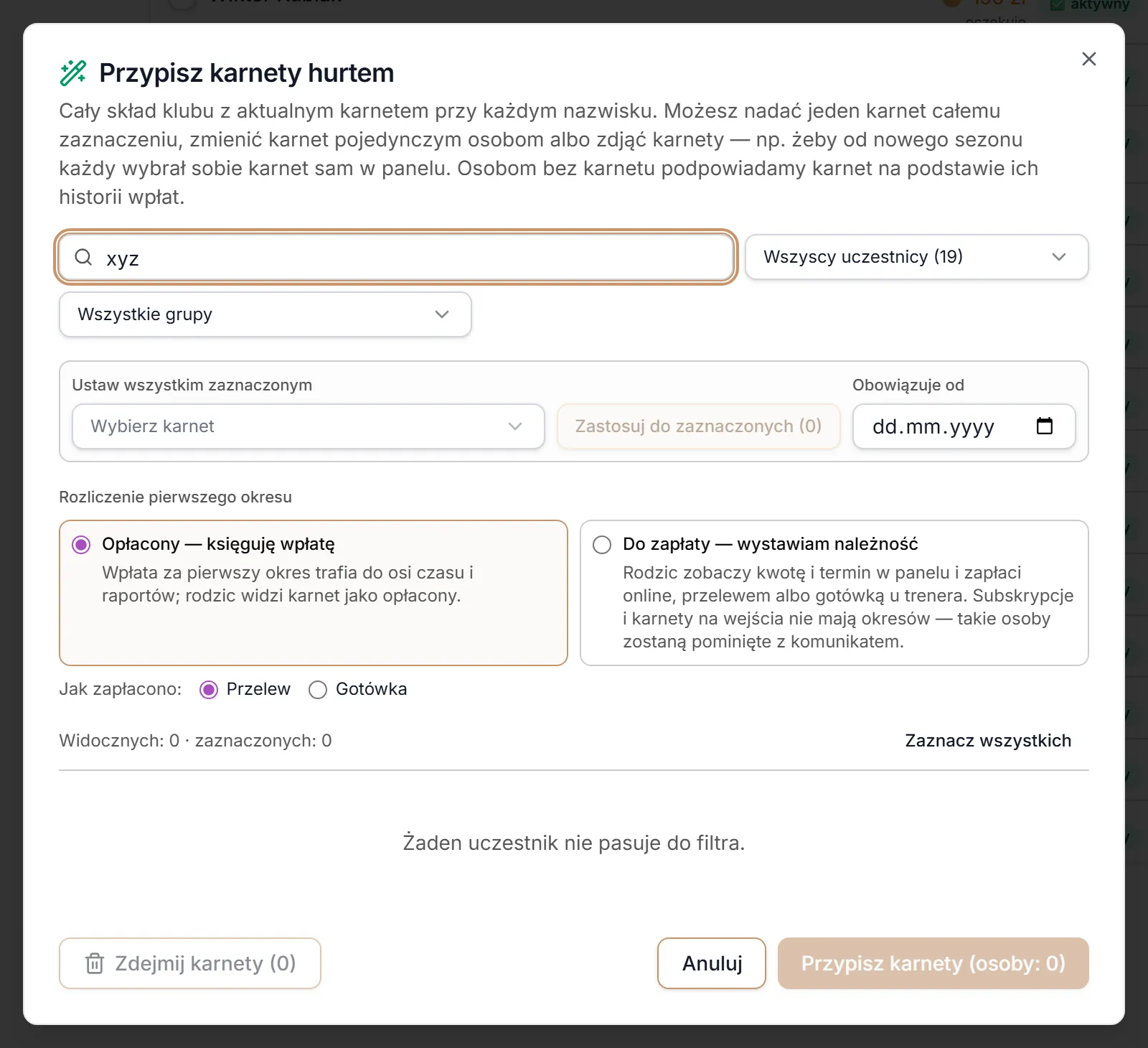 Przypisz karnety hurtem — brak wyników