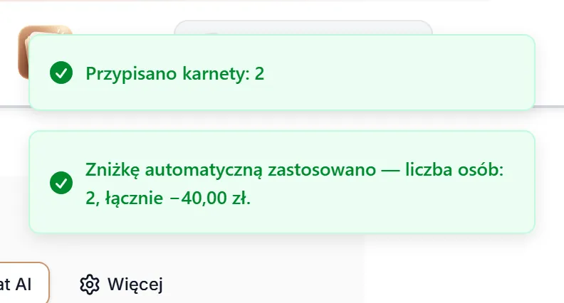 Wynik hurtowego przypisania karnetów