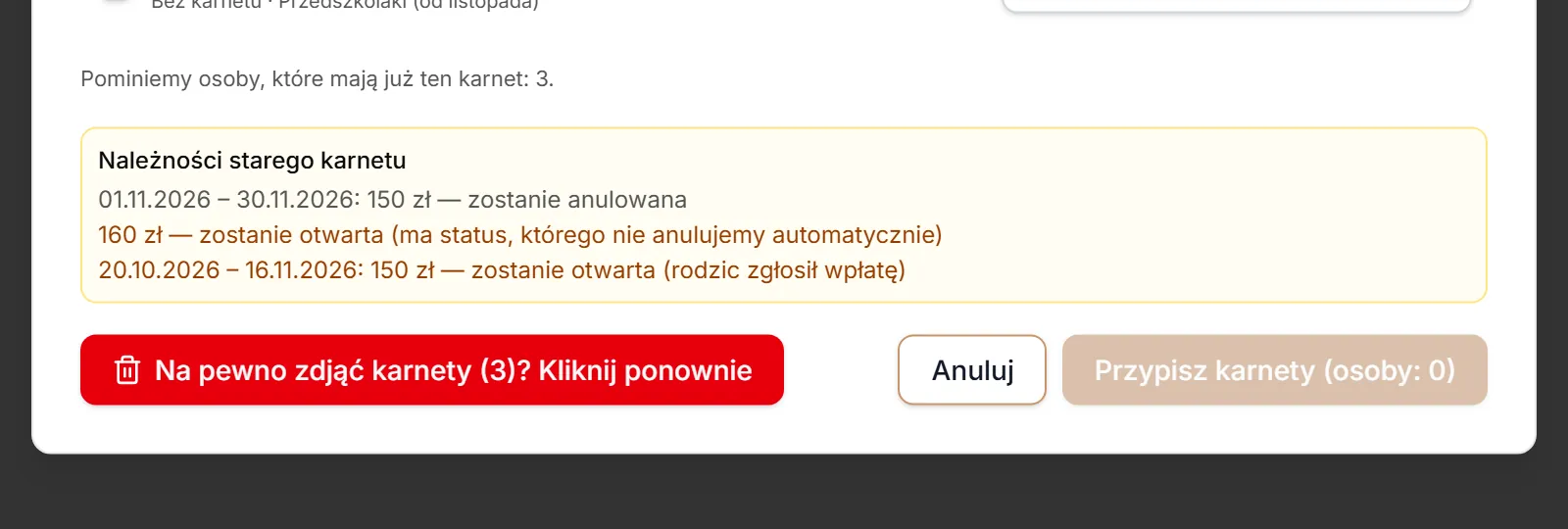 Zdejmij karnety — potwierdzenie i należności starego karnetu