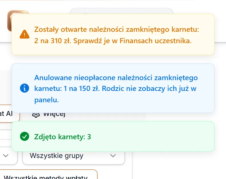 Komunikaty po zdjęciu karnetów