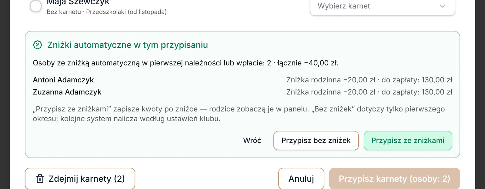 Przegląd zniżek automatycznych przed zapisem