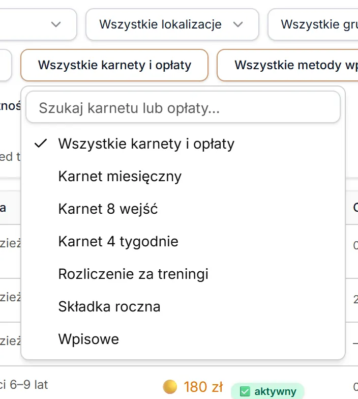 Menu karnetów i opłat