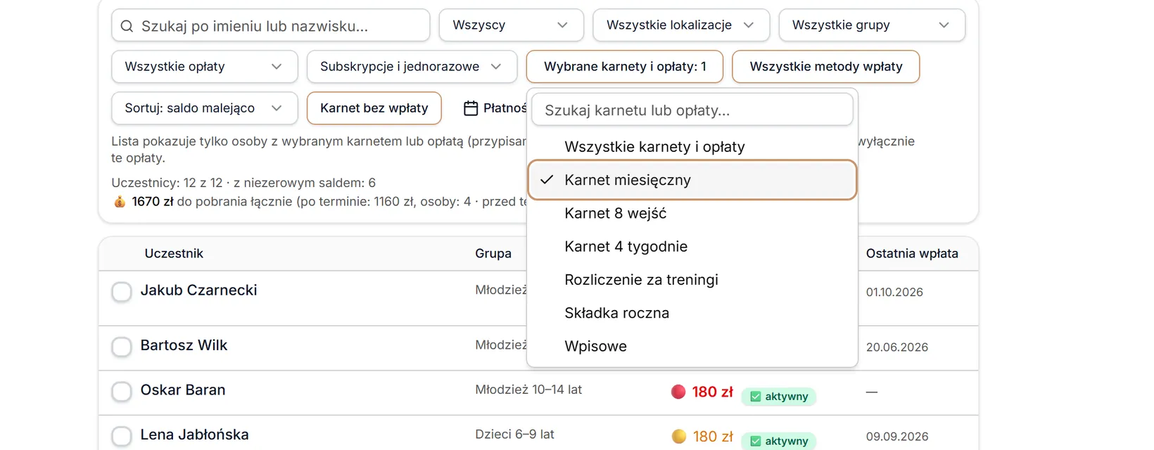 Wybrany karnet w menu