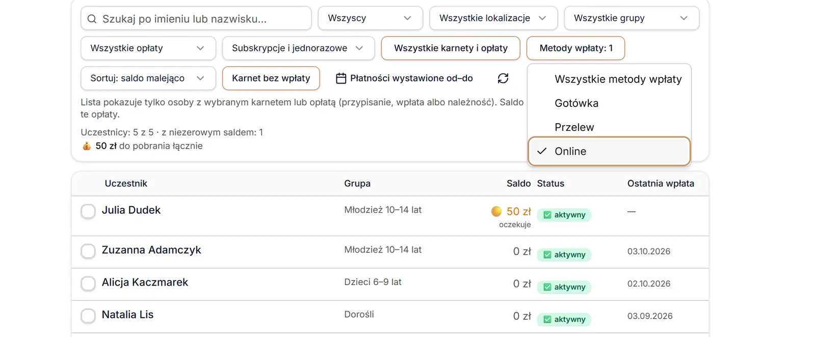 Metoda wpłaty: Online