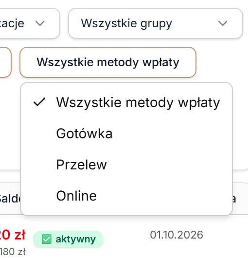 Menu metod wpłaty