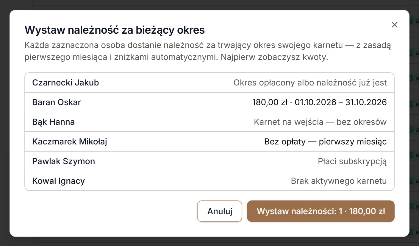Wystaw należność — kwoty i powody pominięcia