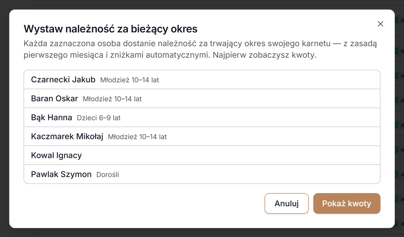 Wystaw należność — lista osób