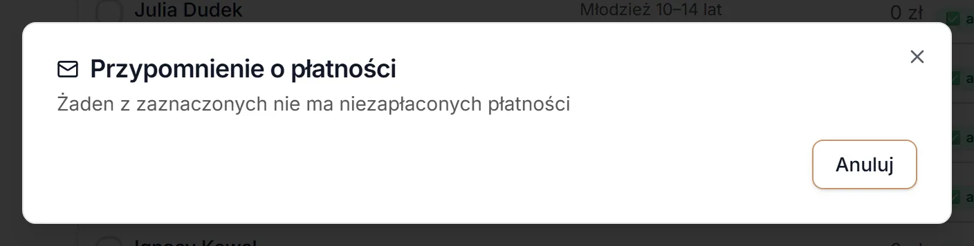 Przypomnienie — zaznaczone osoby bez należności