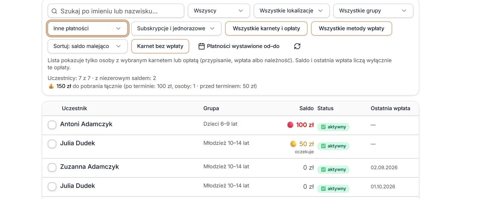 Rodzaj opłaty: Inne płatności
