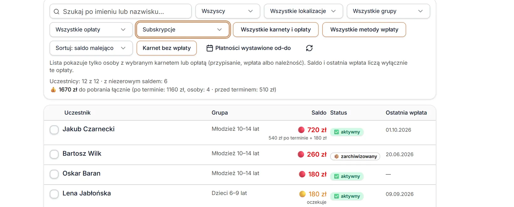 Typ rozliczenia: Subskrypcje