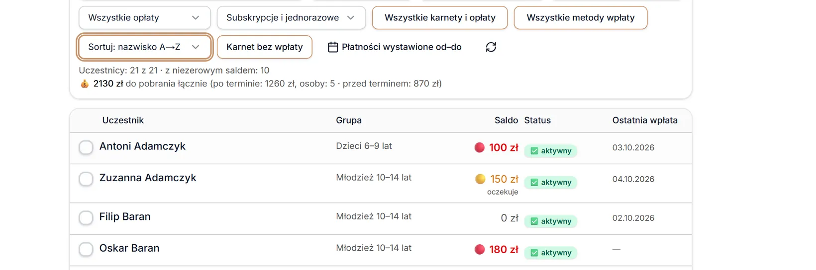 Sortowanie: nazwisko A→Z