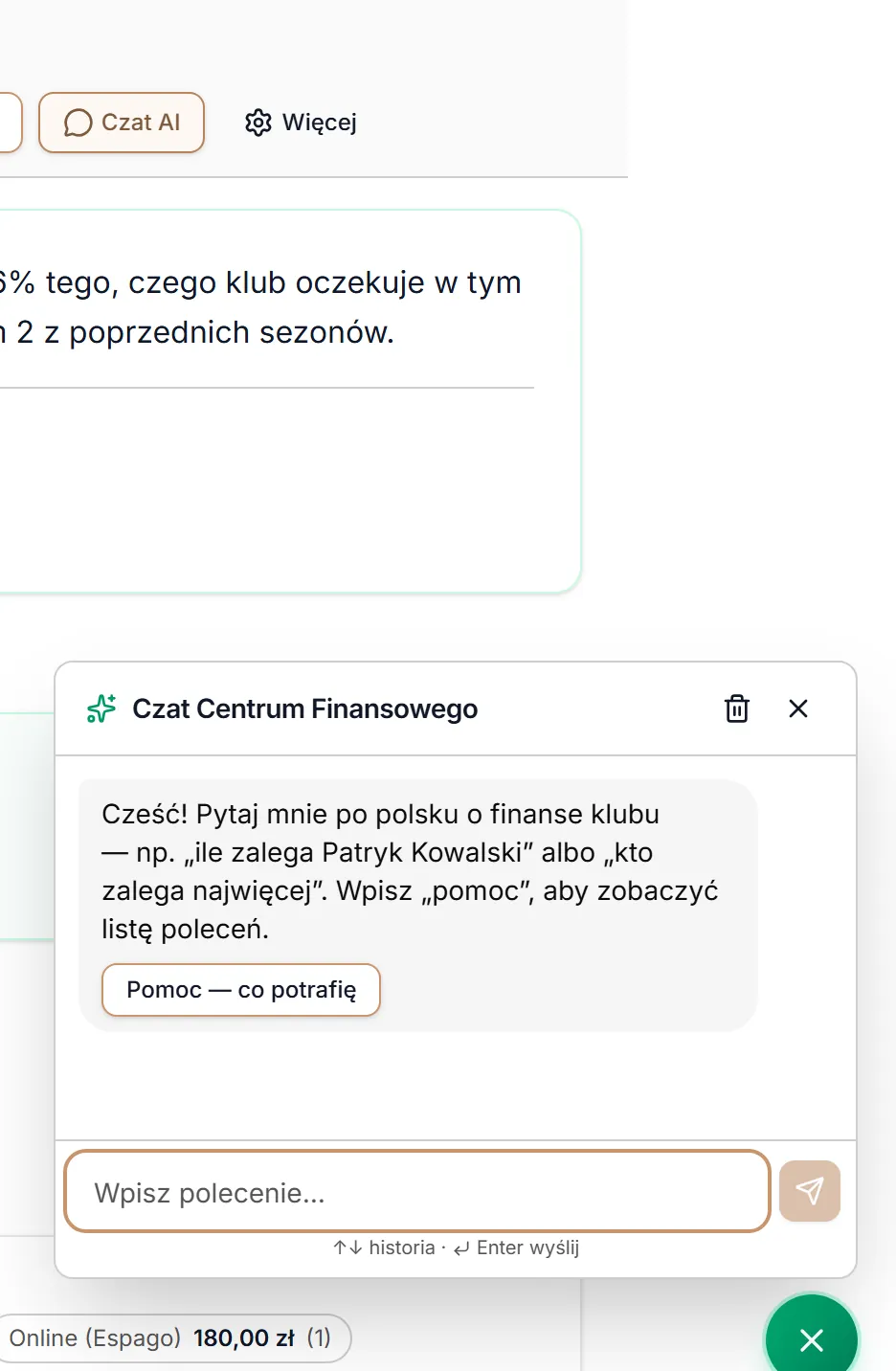 Czat otwarty przyciskiem w nagłówku