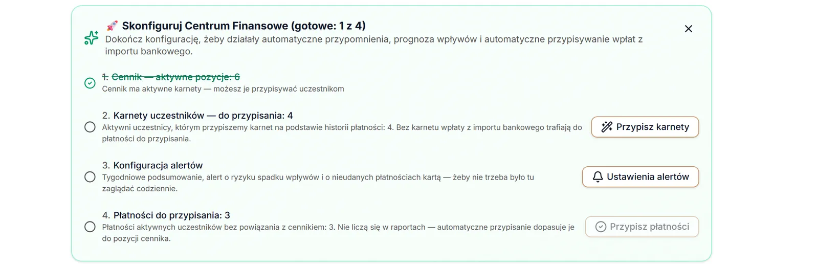 Lista kroków konfiguracji Centrum Finansowego