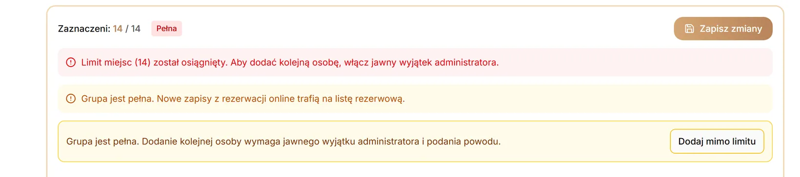 Pełna grupa — komunikat o limicie i przycisk wyjątku