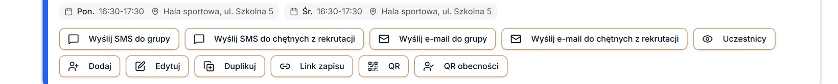 Przyciski wiadomości i przycisk Uczestnicy na karcie