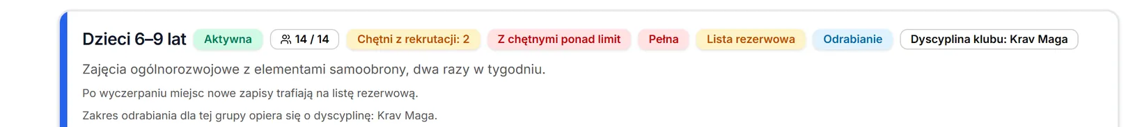 Karta grupy — nazwa ze stanem i liczbą osób oraz pozostałe odznaki
