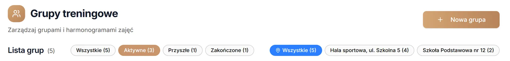Nagłówek listy grup, filtr sezonu i filtr lokalizacji