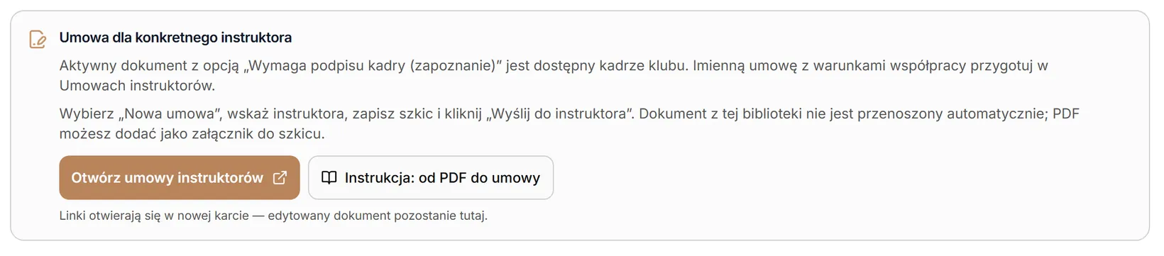 Pomoc w kategorii Instruktorzy i w edytorze Dokumentów AI — przejście do umów bez zamykania dokumentu