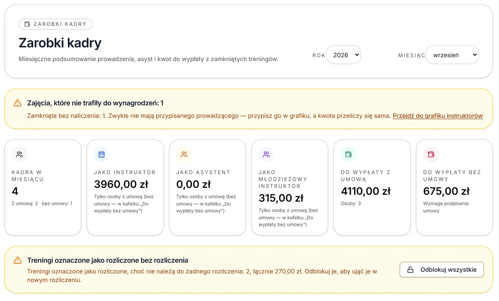 Zarobki kadry — wybór miesiąca, kwoty i ostrzeżenia, dane przykładowe