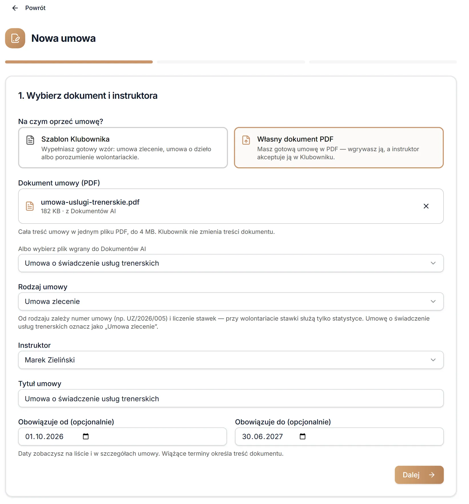 Własny dokument PDF: plik z Dokumentów AI, rodzaj umowy i instruktor — dane przykładowe