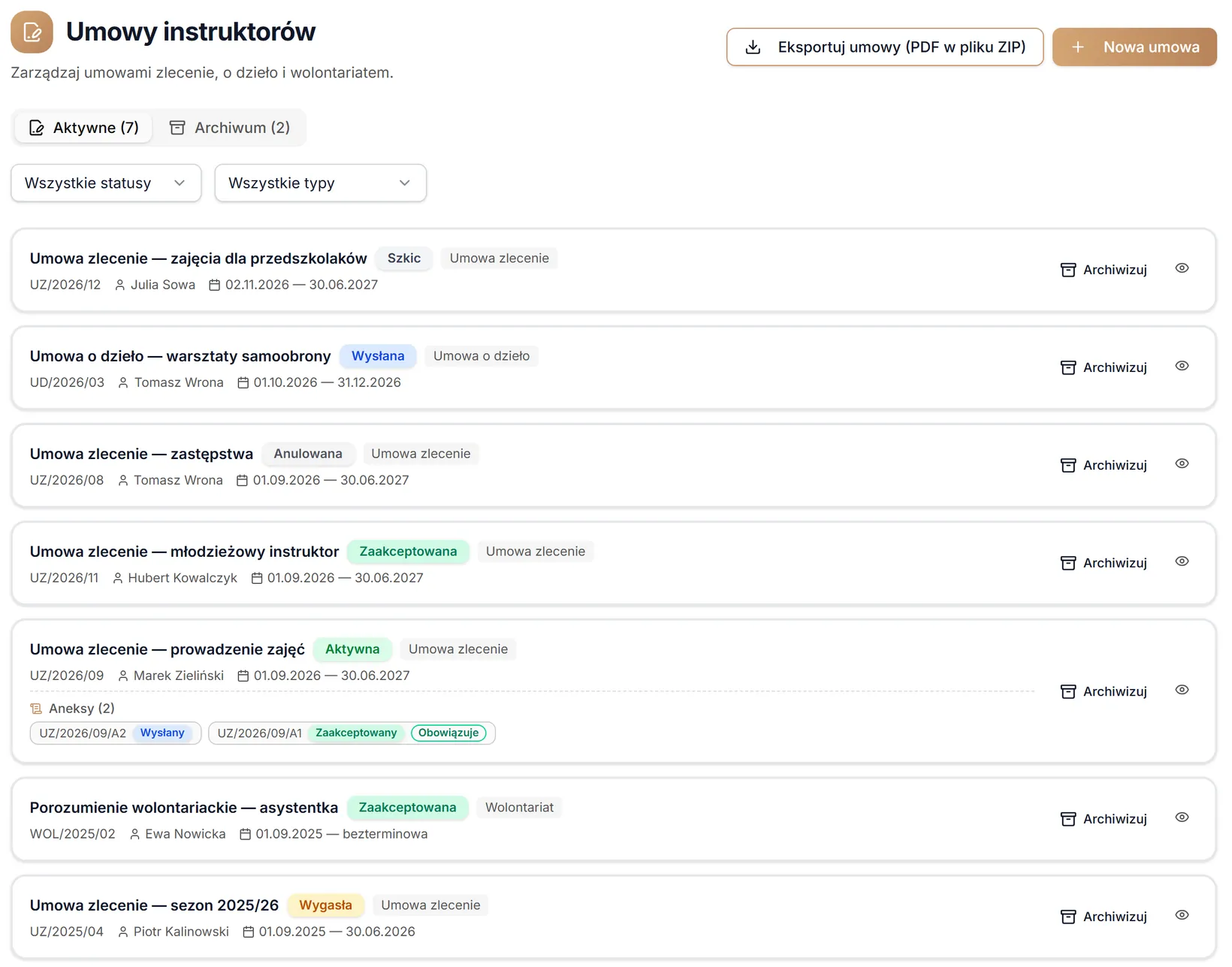 Lista umów z filtrami i archiwum — dane przykładowe