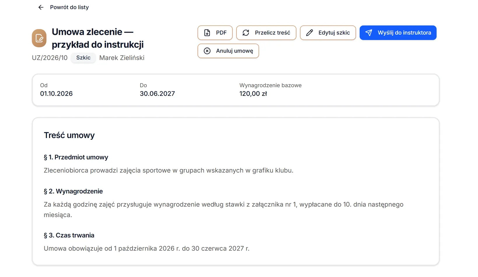 Zapisany szkic z przyciskiem wysyłki — dane przykładowe