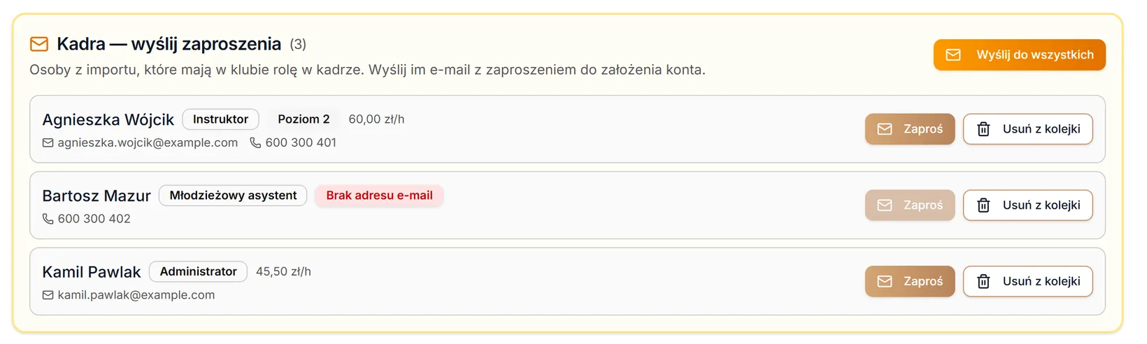 Karta „Kadra — wyślij zaproszenia”