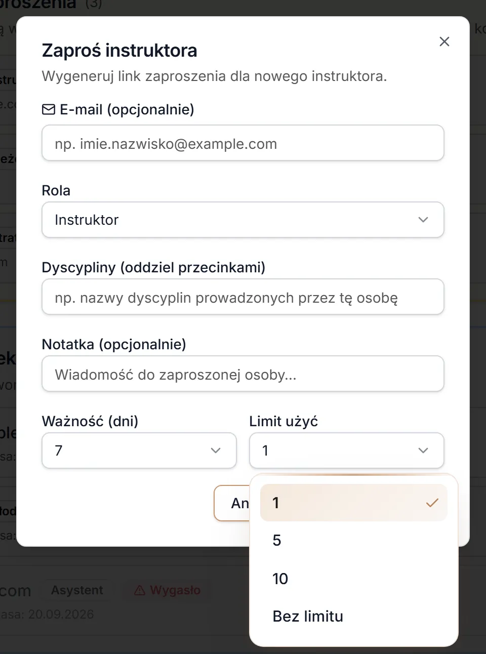 Limit użyć zaproszenia