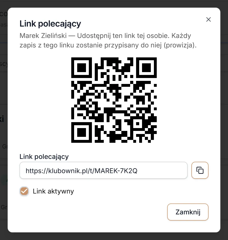 Okno „Link polecający”