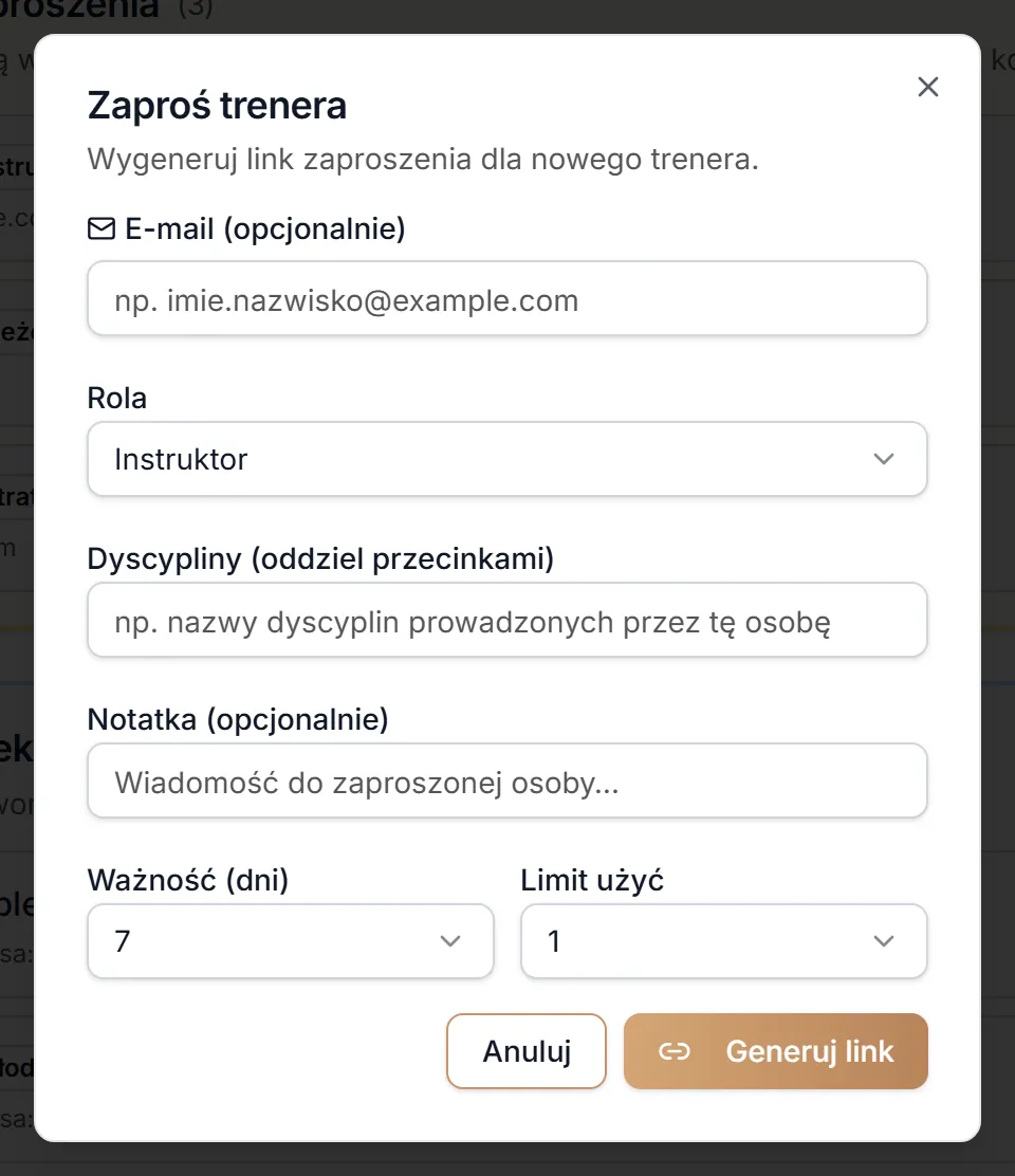 Okno zaproszenia w klubie z nazwą „Trener”