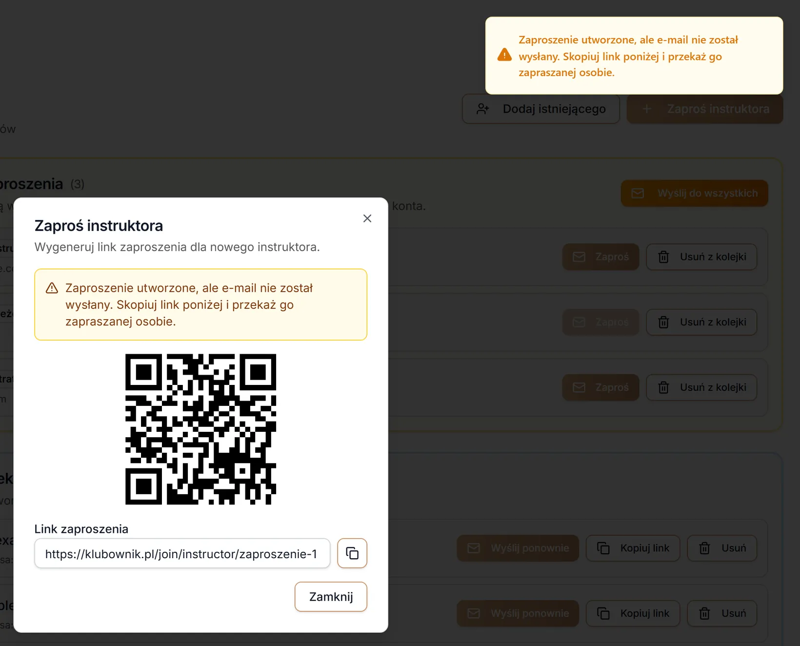 Zaproszenie bez wysłanego e-maila