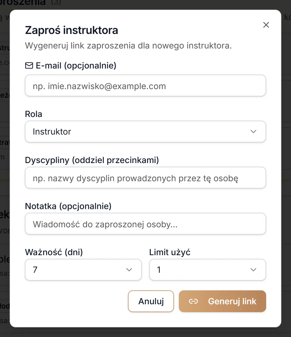 Okno „Zaproś instruktora”