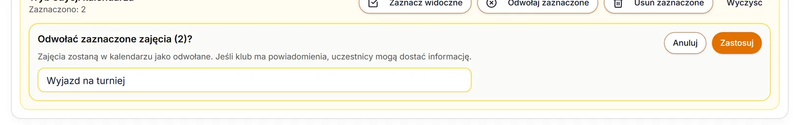 Pytanie przed odwołaniem zaznaczonych treningów