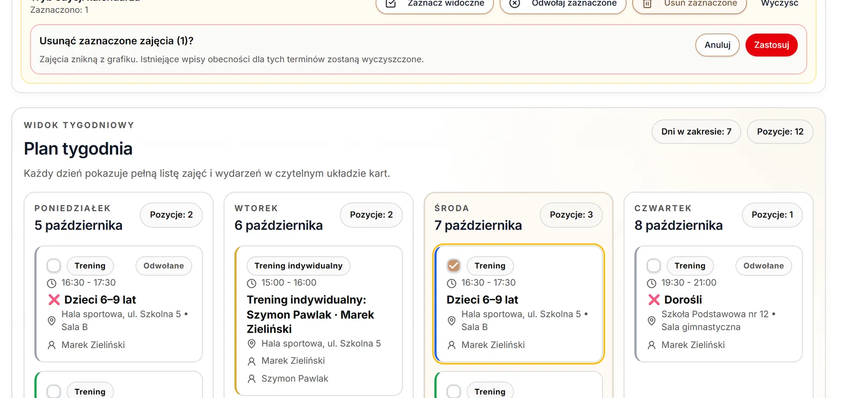 Pytanie przed usunięciem zaznaczonych treningów