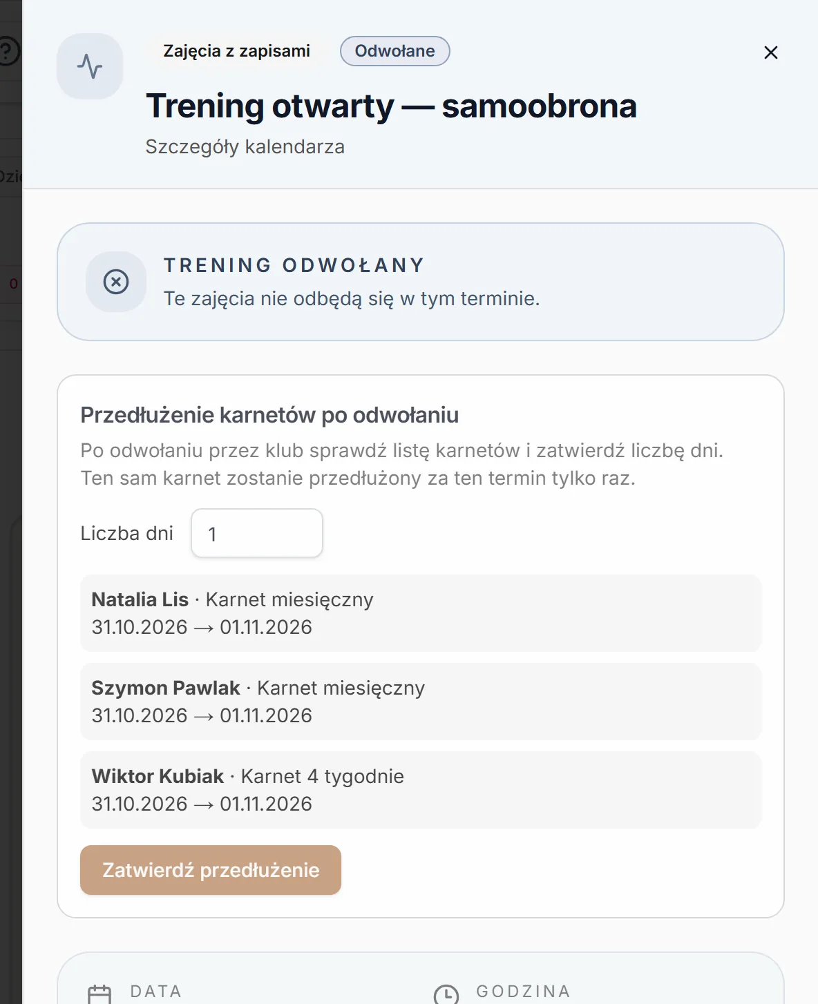 Odwołane zajęcia z zapisami z kartą przedłużenia karnetów