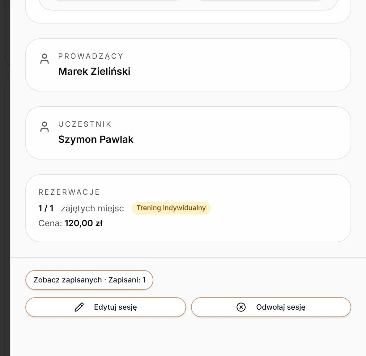 Panel treningu indywidualnego