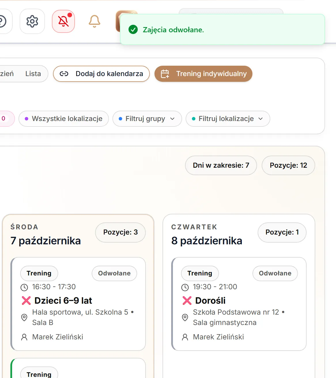 Trening odwołany z panelu