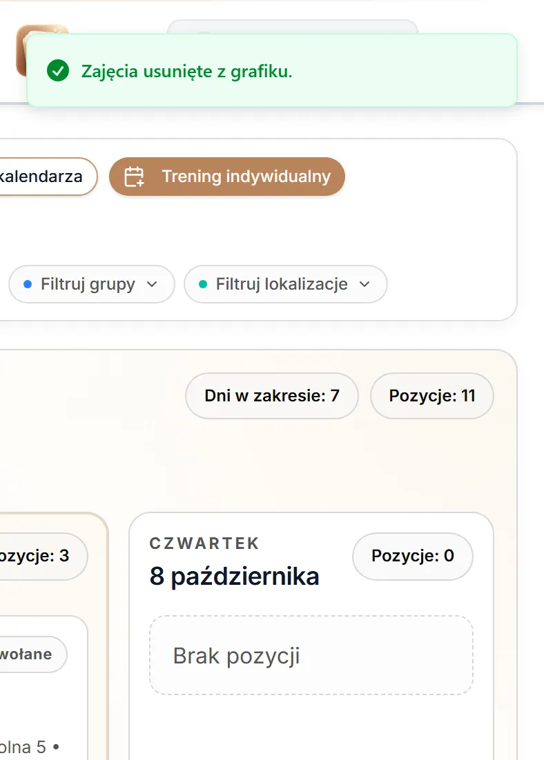 Trening usunięty z grafiku