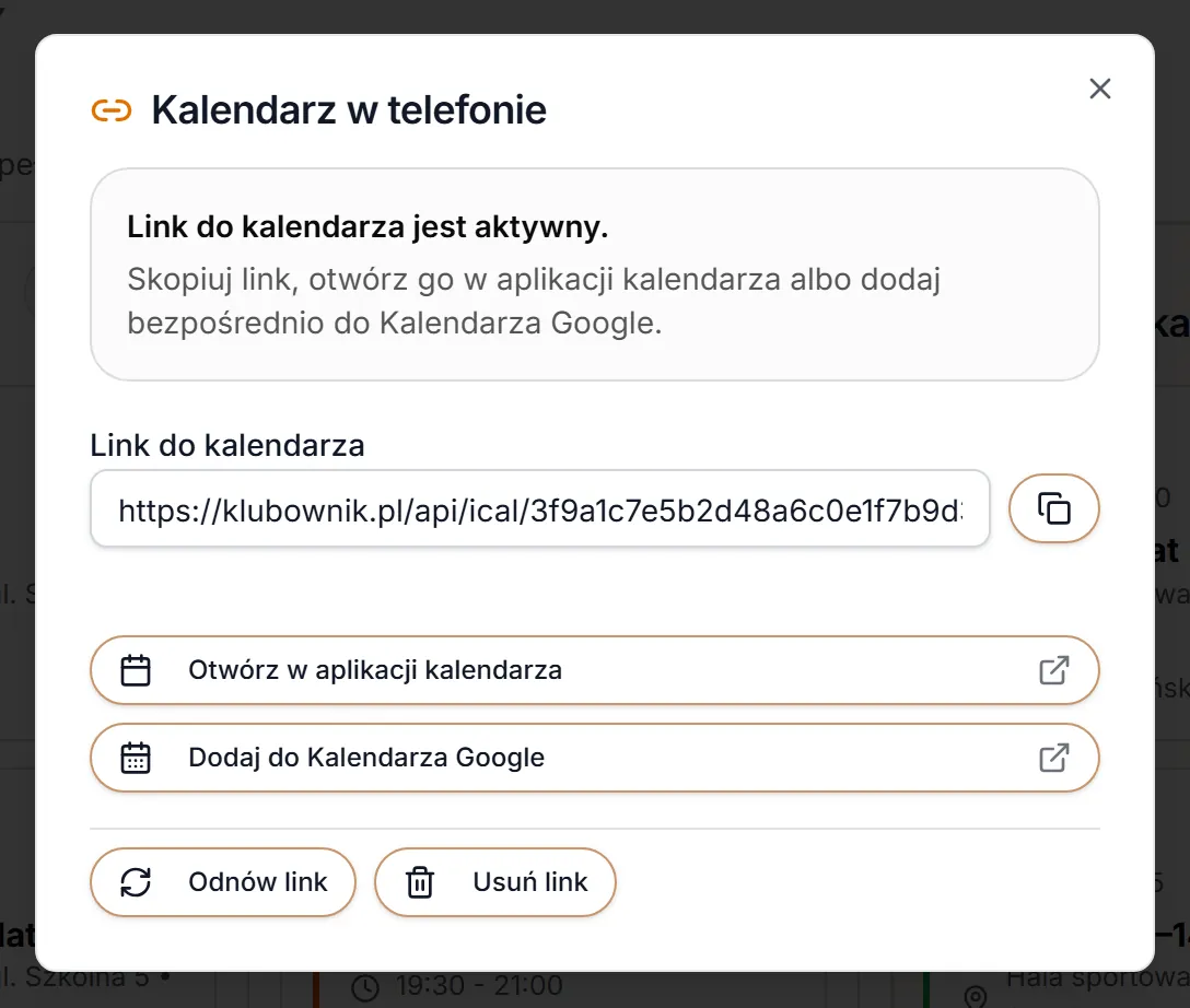 Link do kalendarza aktywny