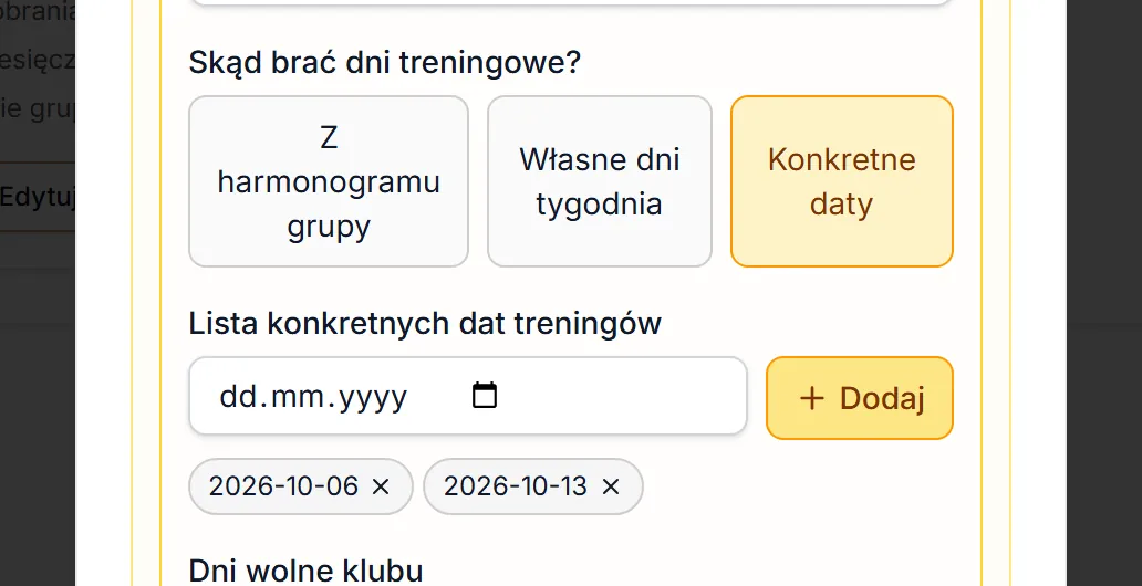 Dni treningowe — konkretne daty