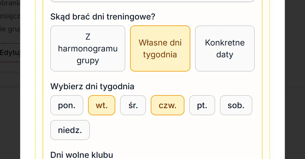 Dni treningowe — własne dni tygodnia