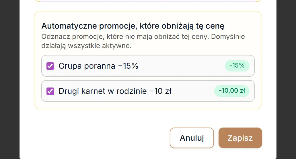 Edycja karnetu — promocje automatyczne i zapis